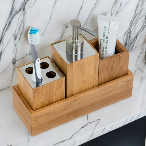 4 Piece Bamboo Bath Accessory Set, Natural Bamboo/Chrome - Image 3