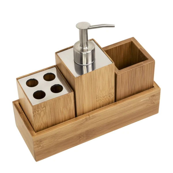 4 Piece Bamboo Bath Accessory Set, Natural Bamboo/Chrome